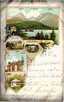 1898 (Vorläufer) Tátra, Magas-Tátra, Vysoké Tatry; Csorba-tó, Szoliszkó, Csorbai-csúcs, Bástya, Hotel Klimo, villa. M. Kuschel / Strbské Pleso, Solisko, Basta, hotel, villa. Art Nouveau, floral, litho (EB)