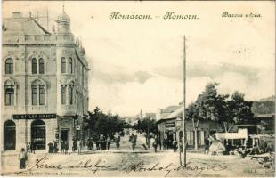 1900 Komárom, Komárnó; Baross utca, piac, Stettler Ignác. Spitzer Sándor kiadása / street, market, shops