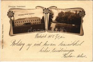1902 Vedrőd, Voderady; Gróf Zichy József kastélya, tó és park részlete. Fischer Hugo kiadása / castle, park and lake. Art Nouveau