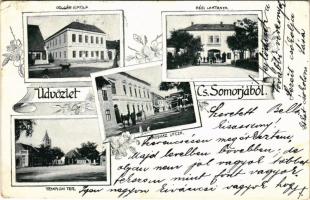 1901 Somorja, Csallóköz-Somorja, Somorin, Samorín; Polgári iskola, Régi laktanya, Városház utca, Templom tér / school, K.u.K. military barracks, street view, square. Art Nouveau, floral (EK)