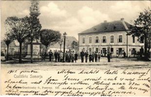 1901 Somorja, Csallóköz-Somorja, Somorin, Samorín; Szentháromság szobor, Balheim Károly üzlete. Duschinsky G. kiadása / Holy Trinity statue, shop