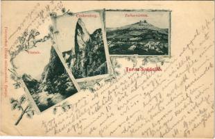 1899 (Vorläufer) Torna, Turna nad Bodvou, Turnau; Szádelő, Vízesés, Cukorsüveg, Torna várrom. Fénynyomat Divald műintézetéből / Zádiel, waterfall, rock, castle ruins. Art Nouveau, floral (EK)