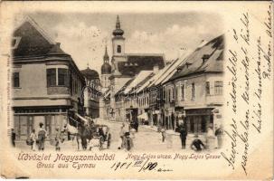 1901 Nagyszombat, Tyrnau, Trnava; Nagy Lajos utca, Josef Halle üzlete. Winter Zsigmond kiadása / street view, shops (EK)