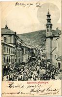 1901 Selmecbánya, Schemnitz, Banská Stiavnica; Fő tér, Singer Ignác üzlete, piac. Joerges kiadása / main square, shops, market (EB)