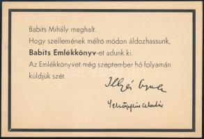 1941 Babits Emlékkönyv reklámlapja, Illyés Gyula és Schöpflin Aladár nyomtatott aláírásával