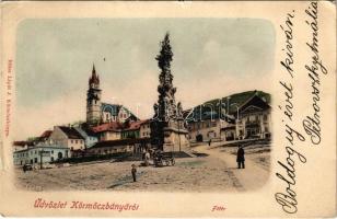 1900 Körmöcbánya, Kremnitz, Kremnica; Fő tér, Szentháromság szobor. Ritter Lipót J. kiadása / main square, Holy Trinity statue (szakadás / tear)