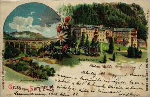 1902 Semmering, Bahn, Hotel Panhans. gegen das Licht halten / railway viaduct, train, locomotive. Art Nouveau, floral, hold to light litho (fl)