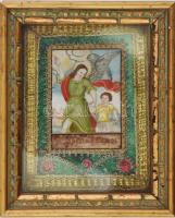 Fali szentkép - Szent Őrangyal ábrázolással. cca 19. sz. vége, kézzel festett kép S: Angelus Custos felirattal, körülötte klf vastagságú mintás fémfonal letűzések, üvegezett keretben, 10,5x9 cm