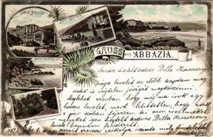 1897 (Vorläufer!) Abbazia, Opatija; Hotel Stefanie, Hotel Quarnero, Partie an der Küste, Palmengruppe, Abbazia von Süd. O.Z.M. Art Nouveau, floral, litho (EB)