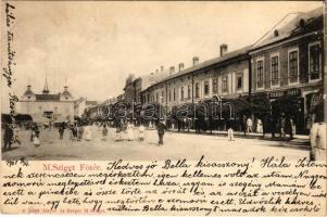 1901 Máramarossziget, Sighetu Marmatiei; Fő tér, Sugatagi János üzlete, piac. Mayer és Berger kiadása / main square, shops, market (kis szakadás / small tear)
