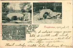 1901 Nagybánya, Baia Mare; Veresvizi és kereszthegyi bánya bejárata, bányászok munka közben, Lobkovitz és Svaiczer segéd altárna. Molnár Mihály kiadása / Valea-rosie and Dealul Crucii mines, miners at work. Floral (EK)