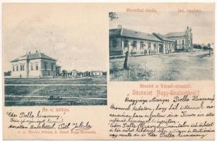 Nagyszalonta, Nagy-Szalonta, Salonta; Az új kórház, Váradi utca, Sternthal óvoda, Izraelita imaház, zsinagóga. Fábián L. Dezső kiadása / hospital, street view, kindergarten, synagogue