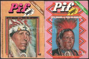 1975 Pif Gadget francia ny. képregény 2 száma: 322 és 323, borítóján kivágható plasztikus műanyag indián maszkkal. Kiadói papírkötés, egyik szám gerince sérült.