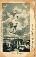 1898 (Vorläufer) Berlin, Pariser Platz, Brandenburger Tor. Prosit Neujahr! Verlag Touristen Magazin H. Mues No. 125. / New Year greeting with tightrope cycling lady. Art Nouveau