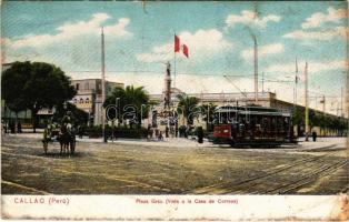 Callao, Plaza Grau (Vista a la Casa de Correos) / square, post office, tram (tear)