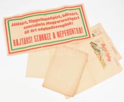 cca 1946-1949 Éljen Rákosi Mátyás a dolgozó magyar nép első képviselőjelöltje! , Bp., Athenaeum, propaganda plakát, hajtott, sérült, hiánnyal, 84x57 cm + cca 1950 Harci Röplap. Lenin, Sztálin, Rákosi zászlaja alatt, népünkért, szabadságunkért!, 4 db, kitöltetlenek, hajtottak, 41x29 cm. + cca 1950-1960 Jólétért, függetlenségért, békéért, szocialista Magyarországért áll őrt néphadseregünk! Bajtárs! Szavazz a népfrontra!, Bp., Athenaeum, propaganda plakát, 28x58 cm