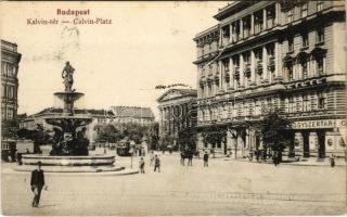 1914 Budapest VIII. Kálvin tér, Nemzeti Múzeum, gyógyszertár, szökőkút, villamosok