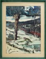 Saly Németh László (1920-2001): Téli táj. Olaj, műanyag. Jelezve balra középen Üvegezett fakeretben....