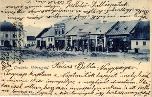 1901 Hátszeg, Hateg; Fő tér, Popovits és Fiai, Groszeck Károly üzlete és saját kaidása / main square, publishers shop