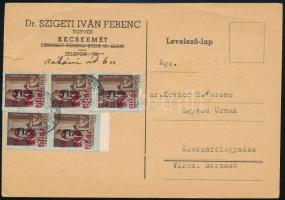 1946 (8. díjszabás) Levelezőlap Kecskemétről Kiskunfélegyházára 5 db bélyeggel