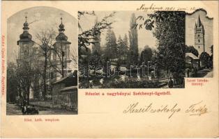 1901 Nagybánya, Baia Mare; Római katolikus templom, Széchenyi liget, Szent István torony. Kovács Gyula kiadása / church, park, tower