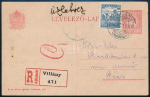 1918 Ajánlott díjkiegészített díjjegyes levelezőlap Villányból Pécsre