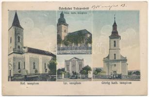 1915 Tolcsva, Református templom, Római katolikus templom, Görögkatolikus templom, Izraelita templom, zsinagóga. Kovácsik Géza és Gyula kiadása (fl)