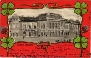 1901 Cegléd, Városháza a Kossuth téren. Sebők Béla kiadása. Szecessziós litho keret lóherékkel / Art Nouveau, litho frame with clovers
