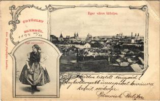 1899 (Vorläufer) Eger, látkép, egri menyecske, magyar folklór. Kiss József fényképész kiadása. Art Nouveau, floral (EB)