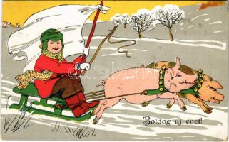 1906 Boldog új évet! malac szán / New Year greeting, pig sled