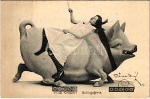 1904 Boldog új évet! Szecessziós, hölgy malacon / New Year greeting, lady on pig. Art Nouveau