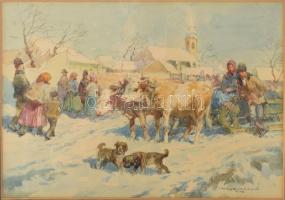 Wallburg Egon (Zórád Ernő, 1911-2004): Téli piac kutyákkal, 1939. Akvarell, papír. Jelzett. Üvegezett fakeretben. 23x33 cm