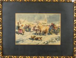 Wallburg Egon (Zórád Ernő, 1911-2004): Téli piac kutyákkal, 1939. Akvarell, papír. Jelzett. Üvegezet...