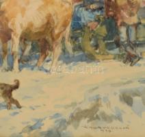Wallburg Egon (Zórád Ernő, 1911-2004): Téli piac kutyákkal, 1939. Akvarell, papír. Jelzett. Üvegezet...