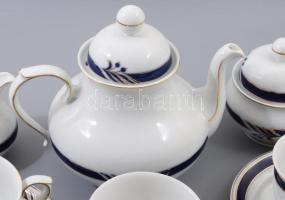 Hollóházi stilizált bogyós levél mintás aranyozott kék teás készlet. Teljes, jelzett, hibátlan