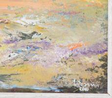 Kozma Imre (1933-2020): Faluvége. Olaj, farost, jelzett, hátoldalán Kozma Imre címkéjén feliratozott...