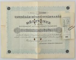 Budapest 1923. Egységár Részvénytársaság 5db részvénye egyben, összesen 500P-ről, szelvényekkel T:F