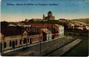 Párkány, Stúrovó; Rákóczi út háttérben az esztergomi bazilikával, Községi nagy vendéglő és kávéház / street, restaurant and cafe (kopott sarkak / worn corners)