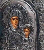 Mária a kis Jézussal. Modern görög ikon, ezüst (Ag) okláddal, 16,5x13,5 cm