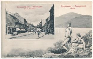 1910 Nagyszeben, Hermannstadt, Sibiu; Nagydisznódi utca, Springer üzlete. Montázs szerelmespárral a vízparton / Heltauergasse / Strada Cisnadiei / street view, shops. Montage with romantic couple on the shore (EK)