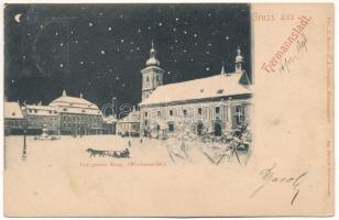 1898 (Vorläufer) Nagyszeben, Hermannstadt, Sibiu; Der grosse Ring (Winternacht) / Fő tér télen este, lovasszán. G. A. Seraphin kiadása. Jos. Drotleff / main square, winter night, horse sled (szakadás / tear)