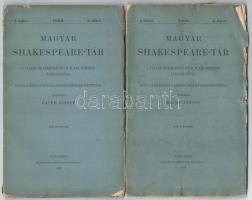 cca 1908-10 Magyar Shakespeare-Tár össz. 6 db száma: I. kötet, 3. és 4. füzet, III. kötet 3. füzet (4 db). Kiadói papírkötés, felvágatlan példányok, részben sérült gerinccel és kissé foltos borítóval.