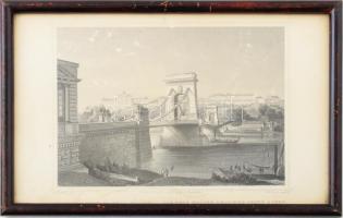 cca 1850 Az új híd Pest és Buda között (Lánchíd). Ludwig Rohbock (1820-1883)-G. M. Kurz., Pest, Lauffer és Stolp, acélmetszet, jelzett a dúcon, 13x18 cm, üvegezett fakeretben, lap alján ázásnyommal