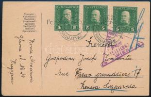 1916 Tábori posta levelezőlap 3x5H bérmentesítéssel, cenzúrázva, K.u.K. ETAPPENPOSTAMT / KRAGUJEVAC