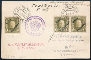 1915 Tábori levelezőlap 3x1H bérmentesítéssel, cenzúrázva, K.u.K. ETAPPENPOSTAMT / MIECHÓW, K.u.K. KREISKOMMANDO Miechów