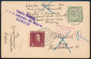 1917 8H díjjegyes tábori levelezőlap 3H díjkiegészítéssel, eredetileg Zürichbe küldve, majd onnan visszaküldve, cenzúrázva, K.u.K. ETAPPENPOSTAMT / CACAK