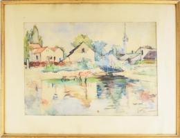 Olvashatatlan jelzéssel: Vízparti táj. Akvarell, papír, hátoldalán Szervatiusz Elena (?) felirattal,...