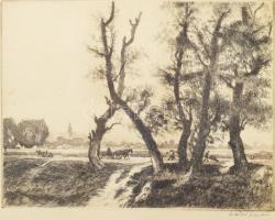 Zádor István (1882-1963): Szajoli országút. Rézkarc, papír, jelzett, üvegezett fakeretben, 23×30 cm