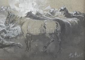 Pataky László (1857-1912): Táborozó katonák.
Vegyes technika, papír jelzett, 18,5x31,5 cm. Üvegezet...