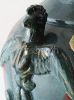 Antik japán padlóváza, faragott fa posztamensen. Japán, cca 20. század eleje, mázas és zománcfestett...